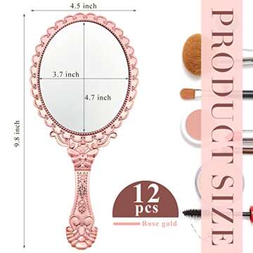 Qunclay 12 Pcs Vintage Handheld Mirror, 9.8" L x 4.5" W Small Rose Gold Embossed Portable Princess M...