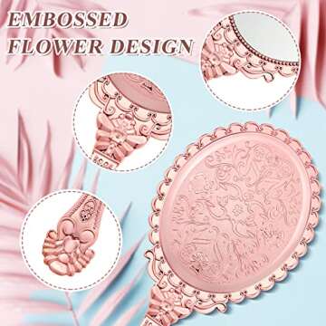 Qunclay 12 Pcs Vintage Handheld Mirror, 9.8" L x 4.5" W Small Rose Gold Embossed Portable Princess Mirror for Classroom Kids Princess Party Favors Travel