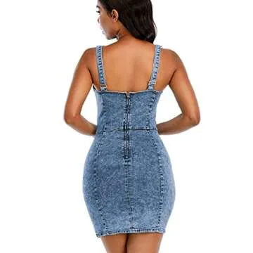 DYMADE Women's Denim Dress Sexy V Neck Bodycon Sleeveless Jeans Short Dresses Blue