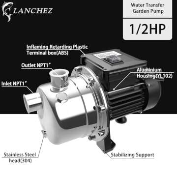 Lanchez 1/2 HP Shallow Well Pump，Garden Pump, Jet Pump Portable Stainless Steel Water Transfer Dra...