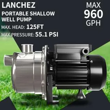 Lanchez 1/2 HP Shallow Well Pump，Garden Pump, Jet Pump Portable Stainless Steel Water Transfer Draining Irrigation Pump for Water Removal, Lawn Fountain Pump 960 GPH 125 Feet Height