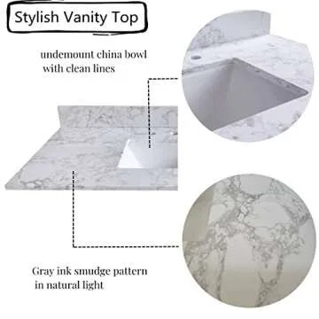 43‘’x22" bathroom stone vanity top engineered stone carrara white marble color with rectangle undermount ceramic sink and 3 pre-drilled hole with back splash (Not included Faucet)