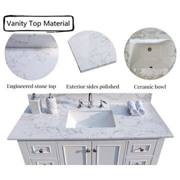 43‘’x22" bathroom stone vanity top engineered stone carrara white marble color with rectangle undermount ceramic sink and 3 pre-drilled hole with back splash (Not included Faucet)