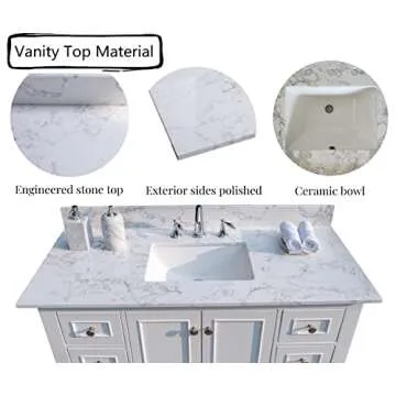 43‘’x22" bathroom stone vanity top engineered stone carrara white marble color with rectangle undermount ceramic sink and 3 pre-drilled hole with back splash (Not included Faucet)