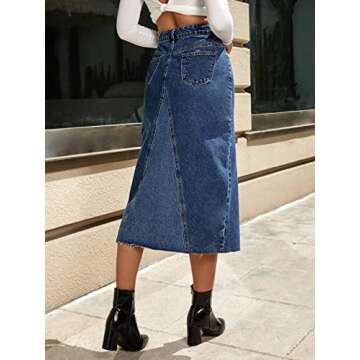 SweatyRocks Women's Casual Denim Skirt High Waist Split Front Long Jean Skirts Dark Wash L