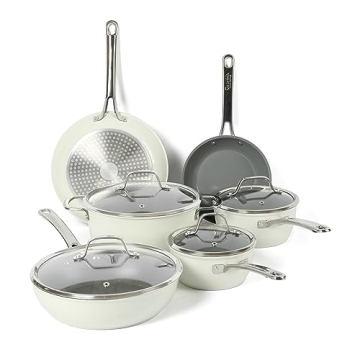 Sur La Table 10-Piece PFA Free Ceramic Nonstick Cookware Set - Linen White - Induction Compatible