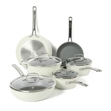 Sur La Table 10-Piece PFA Free Ceramic Nonstick Cookware Set - Linen White - Induction Compatible