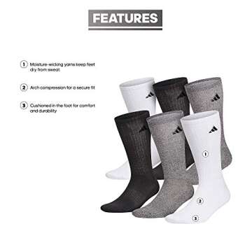 adidas Men's Athletic 6-Pack, Cushioned Crew Socks with Arch Compression for a Secure Fit, White/Alu...