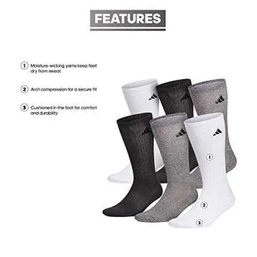 adidas Men's Athletic 6-Pack, Cushioned Crew Socks with Arch Compression for a Secure Fit, White/Alu...