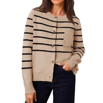 ZESICA Women's Striped Cardigan Sweaters Fall Long Sleeve Open Front Button Down Knit Outerwear Coat...