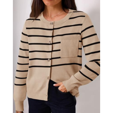 ZESICA Women's Striped Cardigan Sweaters Fall Long Sleeve Open Front Button Down Knit Outerwear Coat Trendy Clothes,Oatmeal,Large