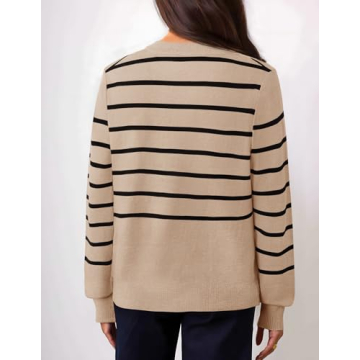 ZESICA Women's Striped Cardigan Sweaters Fall Long Sleeve Open Front Button Down Knit Outerwear Coat Trendy Clothes,Oatmeal,Large