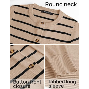 ZESICA Women's Striped Cardigan Sweaters Fall Long Sleeve Open Front Button Down Knit Outerwear Coat Trendy Clothes,Oatmeal,Large