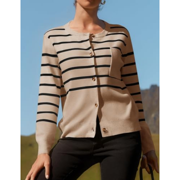 ZESICA Women's Striped Cardigan Sweaters Fall Long Sleeve Open Front Button Down Knit Outerwear Coat Trendy Clothes,Oatmeal,Large