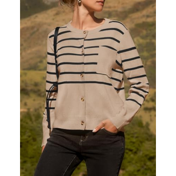 ZESICA Women's Striped Cardigan Sweaters Fall Long Sleeve Open Front Button Down Knit Outerwear Coat Trendy Clothes,Oatmeal,Large
