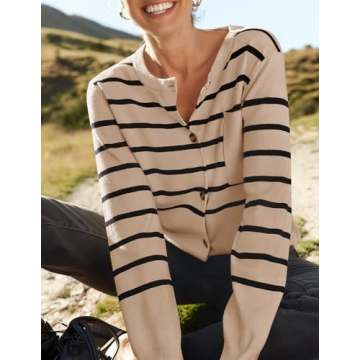 ZESICA Women's Striped Cardigan Sweaters Fall Long Sleeve Open Front Button Down Knit Outerwear Coat Trendy Clothes,Oatmeal,Large