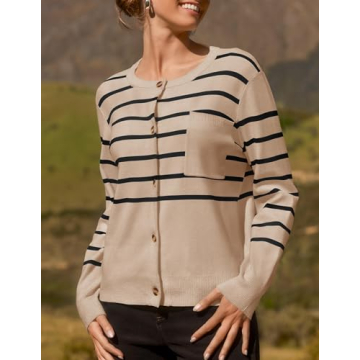 ZESICA Women's Striped Cardigan Sweaters Fall Long Sleeve Open Front Button Down Knit Outerwear Coat Trendy Clothes,Oatmeal,Large