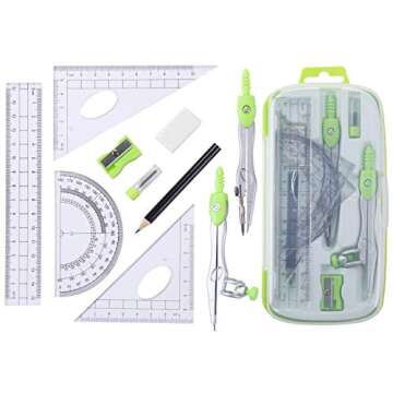 Unjoo Math Geometry Kit Sets 10 Piece Student Supplies with Shatterproof Storage Box,Includes Rulers...