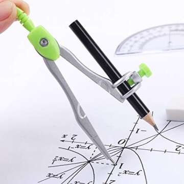 Unjoo Math Geometry Kit Sets 10 Piece Student Supplies with Shatterproof Storage Box,Includes Rulers,Protractor,Compass,Eraser,Pencil Sharpener,Lead Refills,Pencil,for Drafting and Drawings（Green）