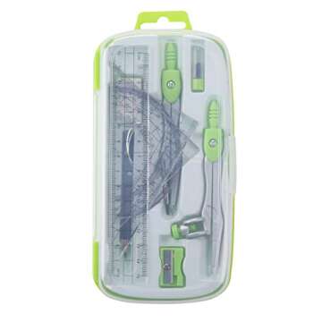 Unjoo Math Geometry Kit Sets 10 Piece Student Supplies with Shatterproof Storage Box,Includes Rulers,Protractor,Compass,Eraser,Pencil Sharpener,Lead Refills,Pencil,for Drafting and Drawings（Green）