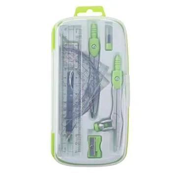 Unjoo Math Geometry Kit Sets 10 Piece Student Supplies with Shatterproof Storage Box,Includes Rulers,Protractor,Compass,Eraser,Pencil Sharpener,Lead Refills,Pencil,for Drafting and Drawings（Green）