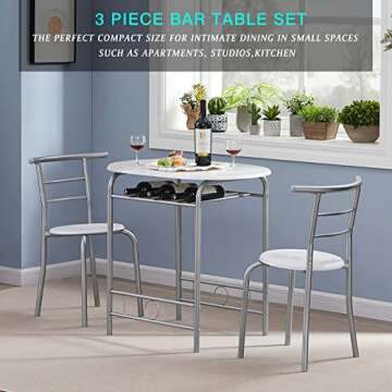 VECELO 3 Piece Small Round Dining Table Set for Kitchen Breakfast Nook, Wood Grain Tabletop with Wine Storage Rack, Save Space, 31.5", White & Silver