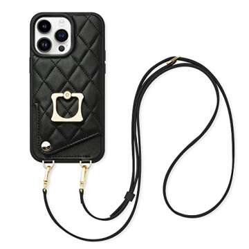 ROMIELA for iPhone 14 Pro Max Ring Case with Card Holder Crossbody Strap Lanyard, RFID Blocking Leat...