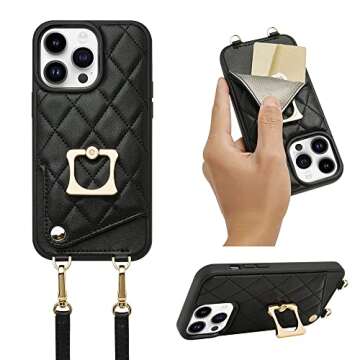 ROMIELA for iPhone 14 Pro Max Ring Case with Card Holder Crossbody Strap Lanyard, RFID Blocking Leather Cover 360°Rotation Finger Ring Kickstand Bumper for Apple iPhone 14 Pro Max, 6.7 inch - Black