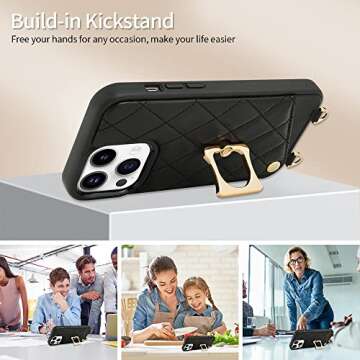 ROMIELA for iPhone 14 Pro Max Ring Case with Card Holder Crossbody Strap Lanyard, RFID Blocking Leather Cover 360°Rotation Finger Ring Kickstand Bumper for Apple iPhone 14 Pro Max, 6.7 inch - Black