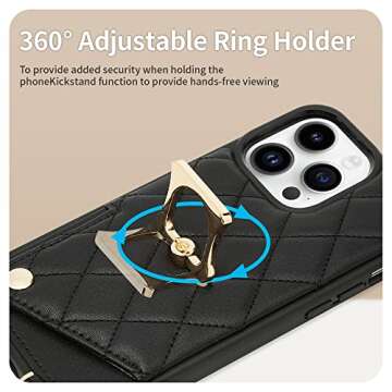 ROMIELA for iPhone 14 Pro Max Ring Case with Card Holder Crossbody Strap Lanyard, RFID Blocking Leather Cover 360°Rotation Finger Ring Kickstand Bumper for Apple iPhone 14 Pro Max, 6.7 inch - Black