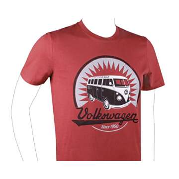 BRISA VW Collection - Volkswagen Unisex Short Sleeve T-Shirt with T1 Bus Motif in Cotton (Vintage Logo/Red/Size L)