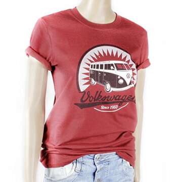 BRISA VW Collection - Volkswagen Unisex Short Sleeve T-Shirt with T1 Bus Motif in Cotton (Vintage Logo/Red/Size L)