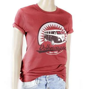 BRISA VW Collection - Volkswagen Unisex Short Sleeve T-Shirt with T1 Bus Motif in Cotton (Vintage Logo/Red/Size L)