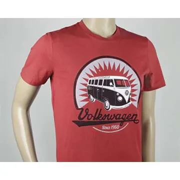 BRISA VW Collection - Volkswagen Unisex Short Sleeve T-Shirt with T1 Bus Motif in Cotton (Vintage Logo/Red/Size L)