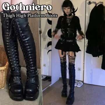 Gothniero Black Platform Boots Over Knee Thigh High Goth Boots for Women Chunky Heel Rave Motorcycle...