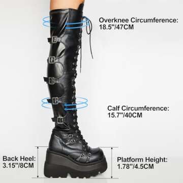 Gothniero Black Platform Boots Over Knee Thigh High Goth Boots for Women Chunky Heel Rave Motorcycle Boots with Buckles Side Zip Lace Boots Size5.5-10