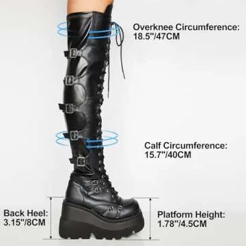 Gothniero Black Platform Boots Over Knee Thigh High Goth Boots for Women Chunky Heel Rave Motorcycle Boots with Buckles Side Zip Lace Boots Size5.5-10