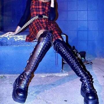 Gothniero Black Platform Boots Over Knee Thigh High Goth Boots for Women Chunky Heel Rave Motorcycle Boots with Buckles Side Zip Lace Boots Size5.5-10