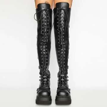 Gothniero Black Platform Boots Over Knee Thigh High Goth Boots for Women Chunky Heel Rave Motorcycle Boots with Buckles Side Zip Lace Boots Size5.5-10
