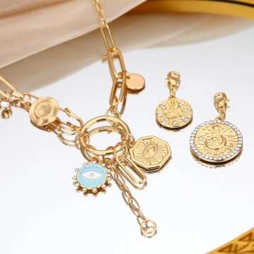 BONJOULRY Charm Necklace for Women Gold Safety Pin Necklace Evil Eye Moon Star Coin Celestial Charms Dainty Paperclip Chain DIY Tarot Card Pendant Y Choker Necklace Amulet Jewelry Gifts Snake