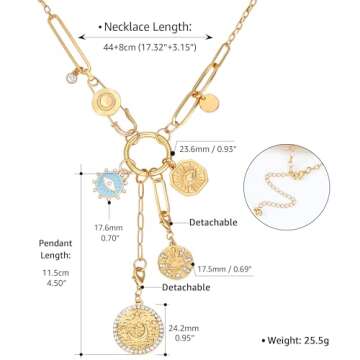 BONJOULRY Charm Necklace for Women Gold Safety Pin Necklace Evil Eye Moon Star Coin Celestial Charms Dainty Paperclip Chain DIY Tarot Card Pendant Y Choker Necklace Amulet Jewelry Gifts Snake