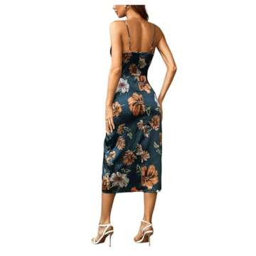 WDIRARA Women's Floral Print Cowl Neck Sleeveless Ruched Split Thigh Satin Cami Summer Dress