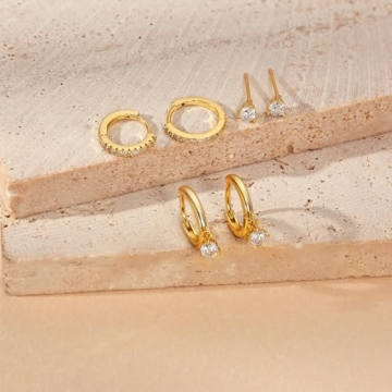 Freekiss 14K Gold Huggie Hoop Earrings Set - Hypoallergenic Jewelry