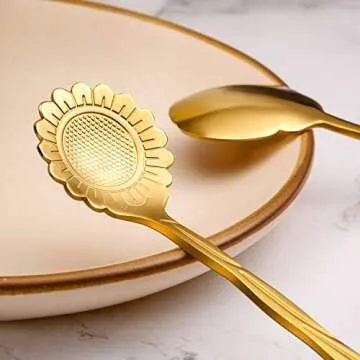 Chengu 8 Pieces Flower Coffee Spoons Stainless Steel Sugar Spoons Creative Tableware Set Stir Bar Flower Stirring Teaspoon, 8 Different Patterns(Gold)