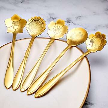 Chengu 8 Pieces Flower Coffee Spoons Stainless Steel Sugar Spoons Creative Tableware Set Stir Bar Flower Stirring Teaspoon, 8 Different Patterns(Gold)