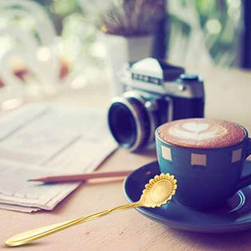 Chengu 8 Pieces Flower Coffee Spoons Stainless Steel Sugar Spoons Creative Tableware Set Stir Bar Flower Stirring Teaspoon, 8 Different Patterns(Gold)