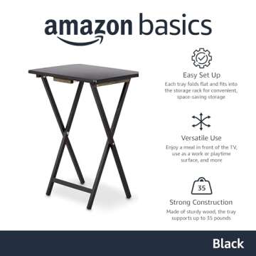 Amazon Basics Foldable TV Dinner Tray Table Set - 4 Black Trays with Rack