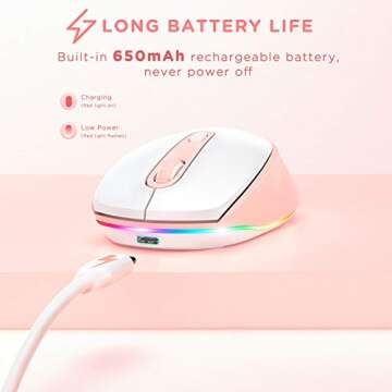 seenda Wireless Mouse, Rechargeable Light Up Mouse for Laptop, Small Cordless Mice with Quiet Click LED Rainbow Lights for PC Computer Kids Chromebook Windows Mac,Pink