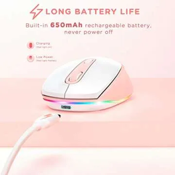 seenda Wireless Mouse, Rechargeable Light Up Mouse for Laptop, Small Cordless Mice with Quiet Click LED Rainbow Lights for PC Computer Kids Chromebook Windows Mac,Pink