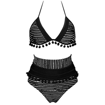 COCOSHIP Women's Mesh Striped High Waist Bikini Set Tassel Trim Top Halter Straps Swimsuit(FBA)